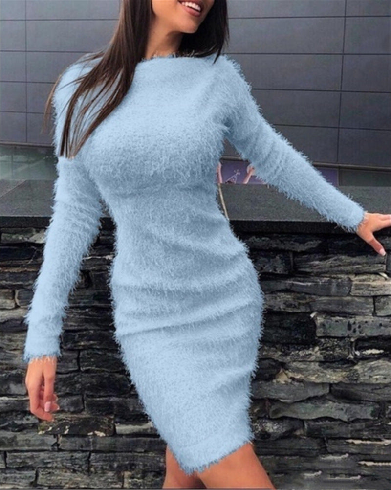 Women's Fall Winter Plush Slim Waist Long Sleeve Dress 5