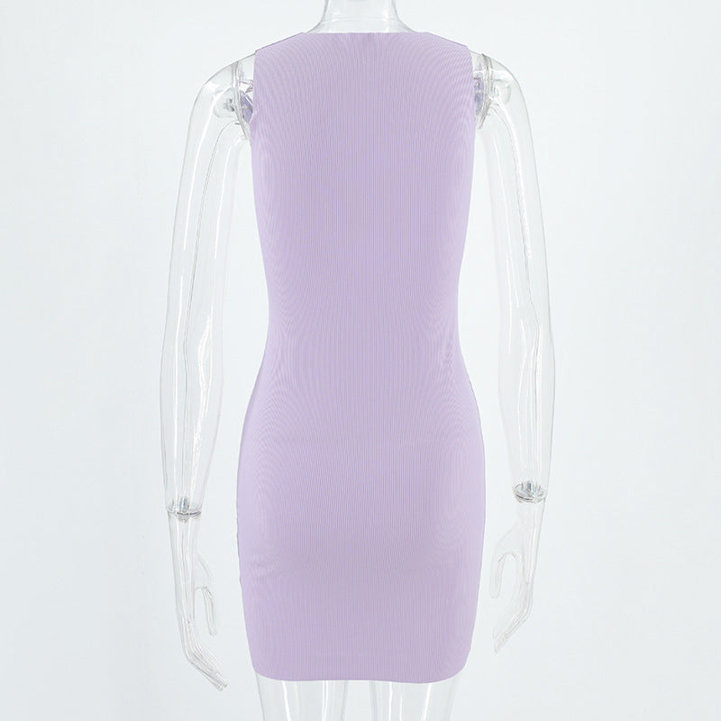 Summer Ladies Round Neck Sleeveless Solid Color Fashion Slim Bodycon Dress 34