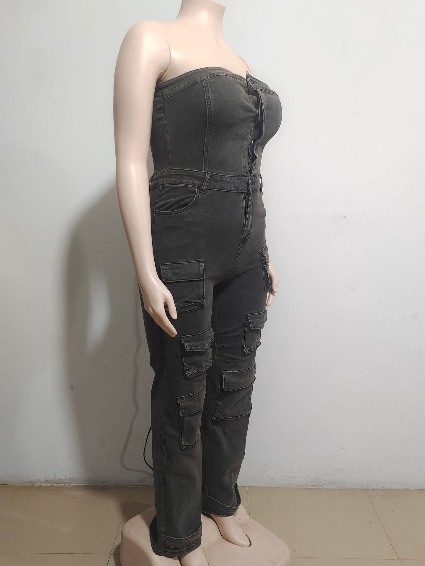 Women Strapless Cargo Denim Jumpsuit 10