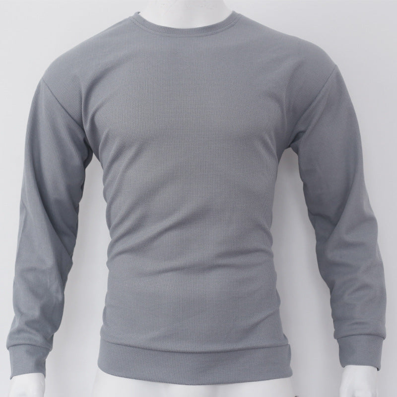 Men's Autumn and Winter Sports Solid waffle Round Neck Top 14