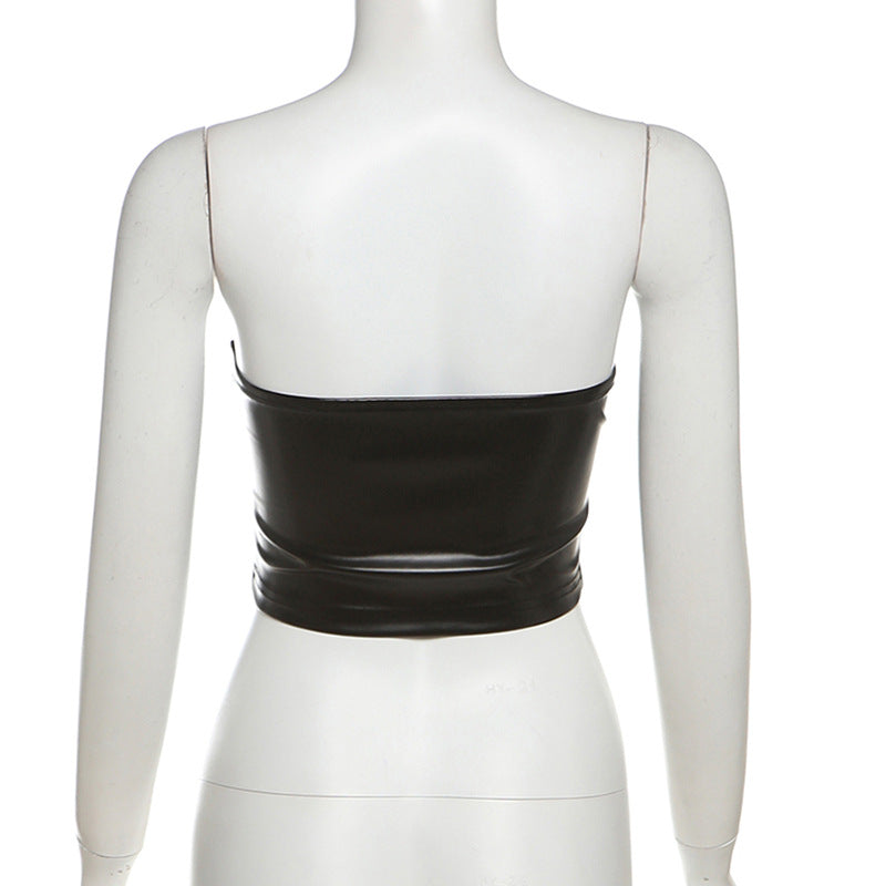 Autumn Street Fashion Pu Leather Color Matching Strapless Slim Two Piece Skirt Set 8