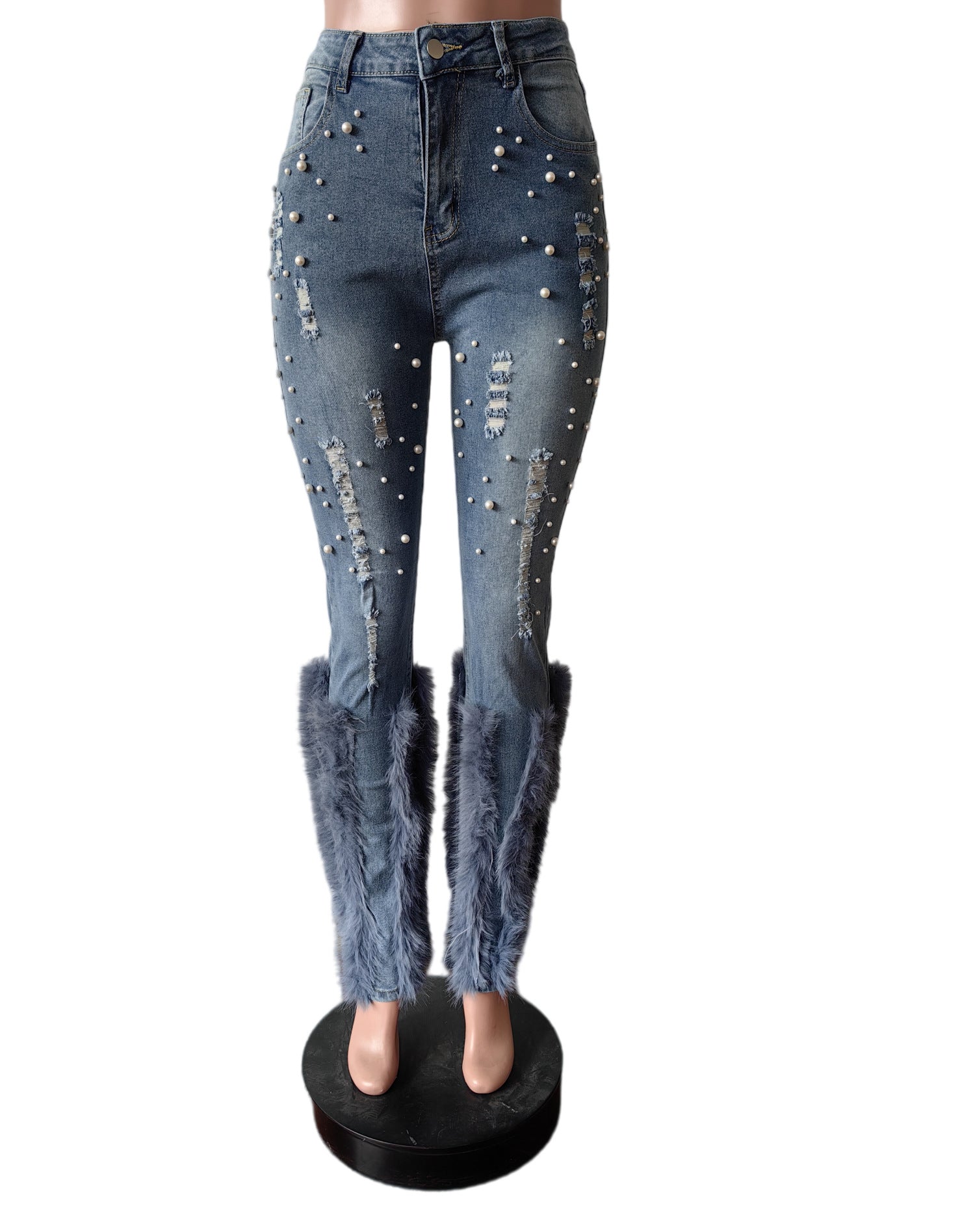 Women Pearl Embellished Feather Stretch Denim Pants 6