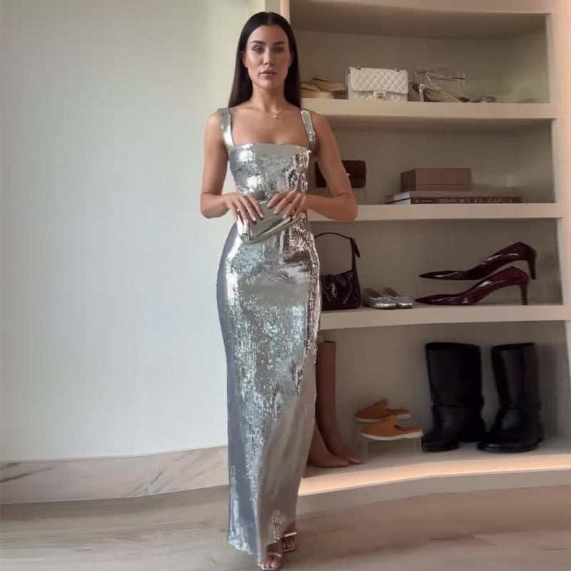 Summer Fashion Metallic Luxury Sexy Backless Slim Women Evening Dress 4