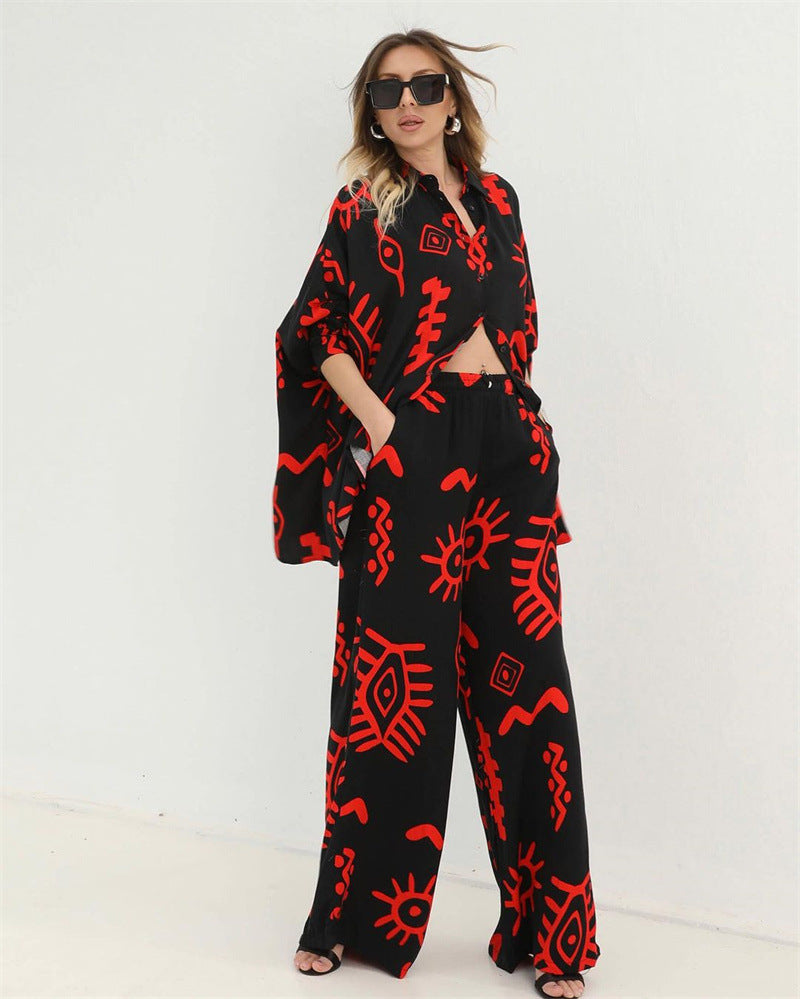 Women's Fashionable Printed Loose Top High Waist Wide Leg Pants Two-Piece Set 6