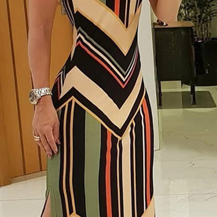 Striped print slim sexy slit sleeveless long dress for women 6