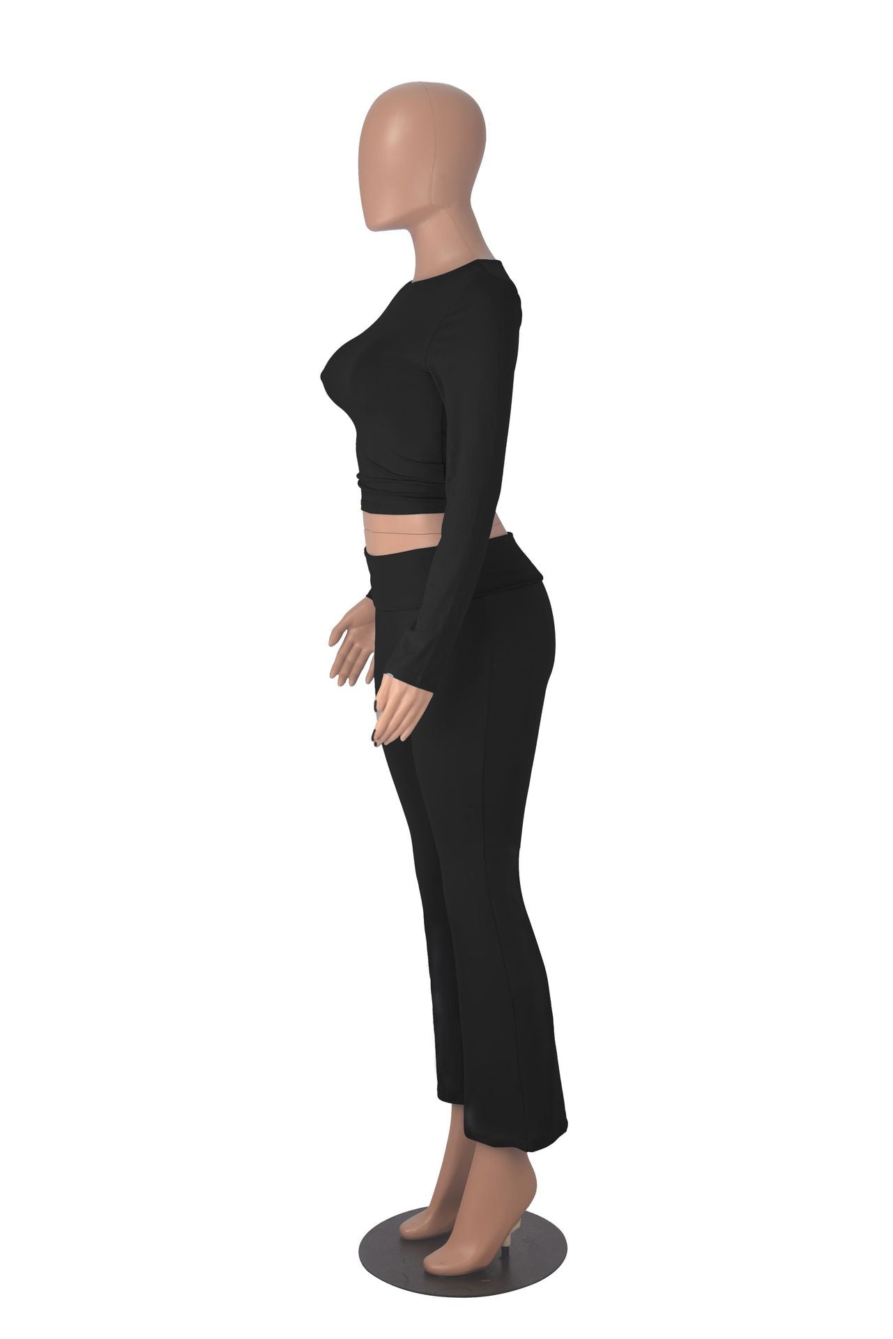 Women long sleeve round neck top and bell bottom pant two-piece set 21