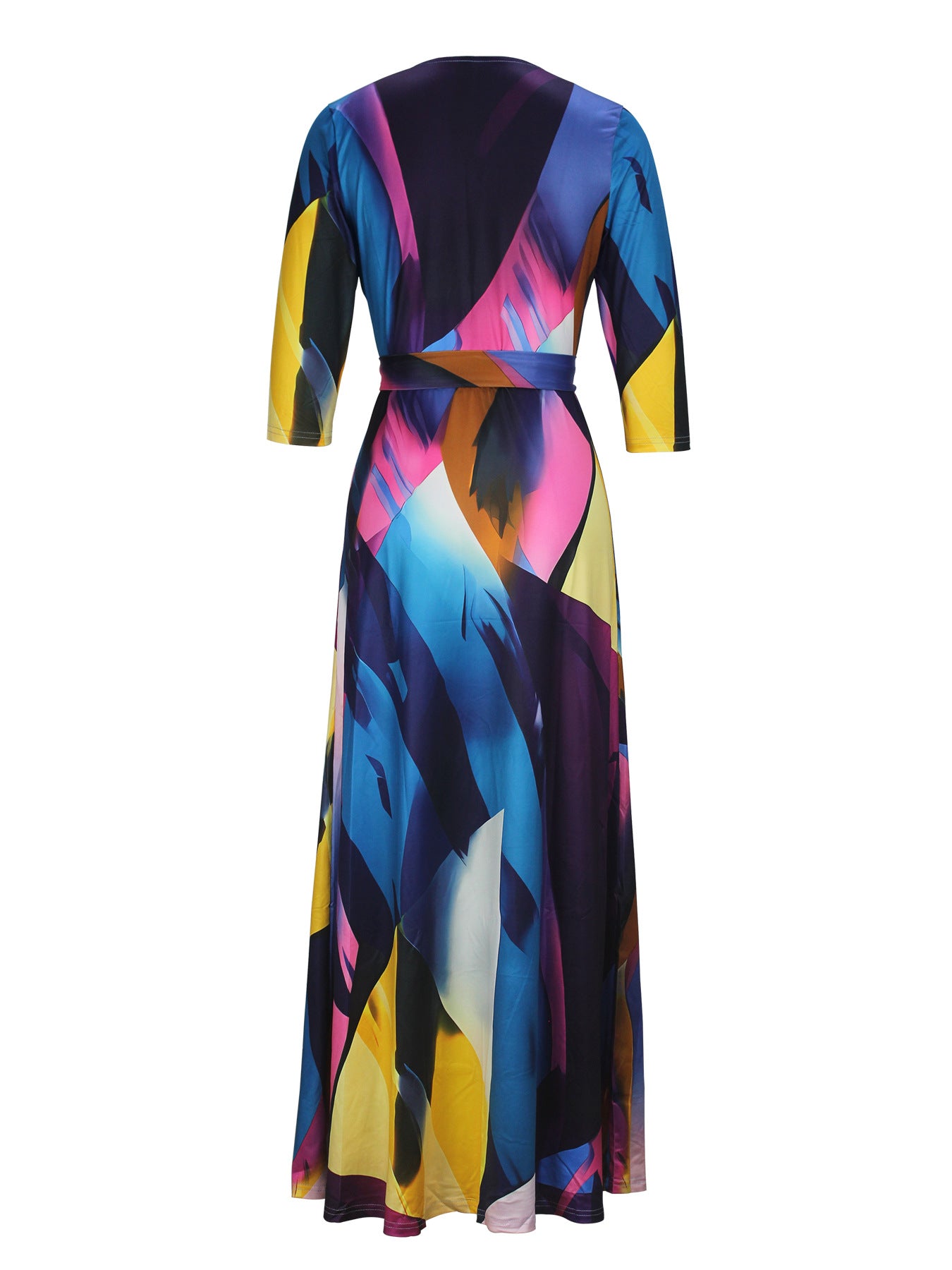 Spring & Autumn Women's Fashion Elegant Wrap V-Neck Half-Sleeve Print Belt Maxi Dress 73