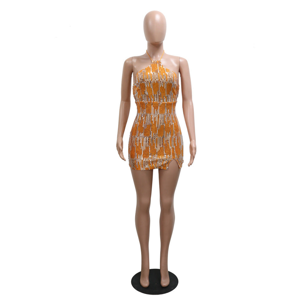 Fashionable Lace-Up Halter Low Back Sexy Women's Sequin Party Dress 16