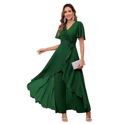 V-Neck Mother's Dress Solid Color Pants Two-Piece Set 8
