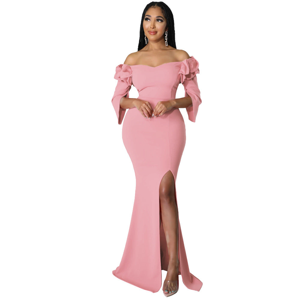 Ruffle Edge Off Shoulder Slim Fit Sexy Slit Women's Dress 10
