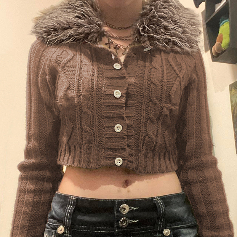 Autumn Winter American Detachable Fur Collar Cardigan Sweater Slim Short Jacket Top Women's Clothing 3