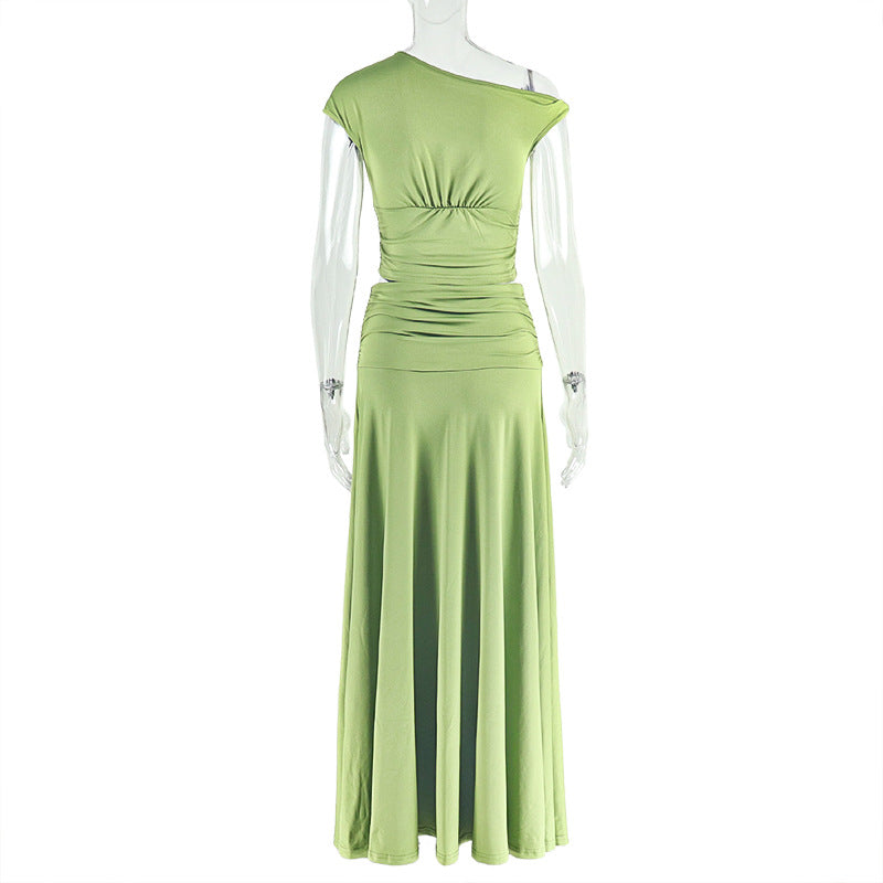 Solid Color Casual Pleated One-Shoulder Slash Shoulder Crop Top Long Skirt Two-Piece Women's Set 8