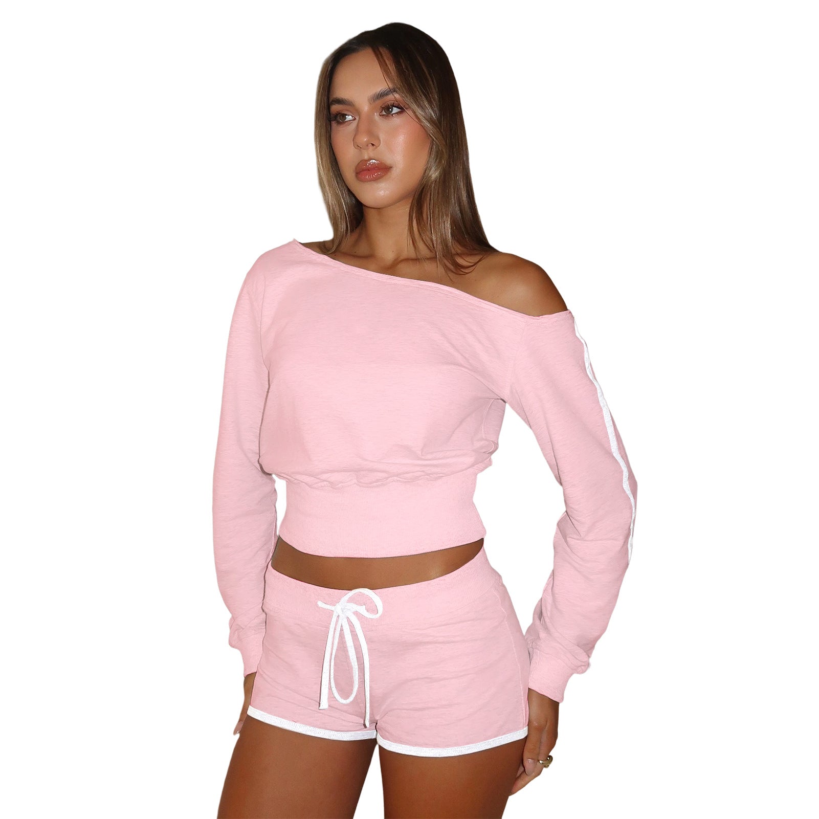 Women's Casual Slash Shoulder Long Sleeve Top Drawstring Shorts Two-Piece Set 61