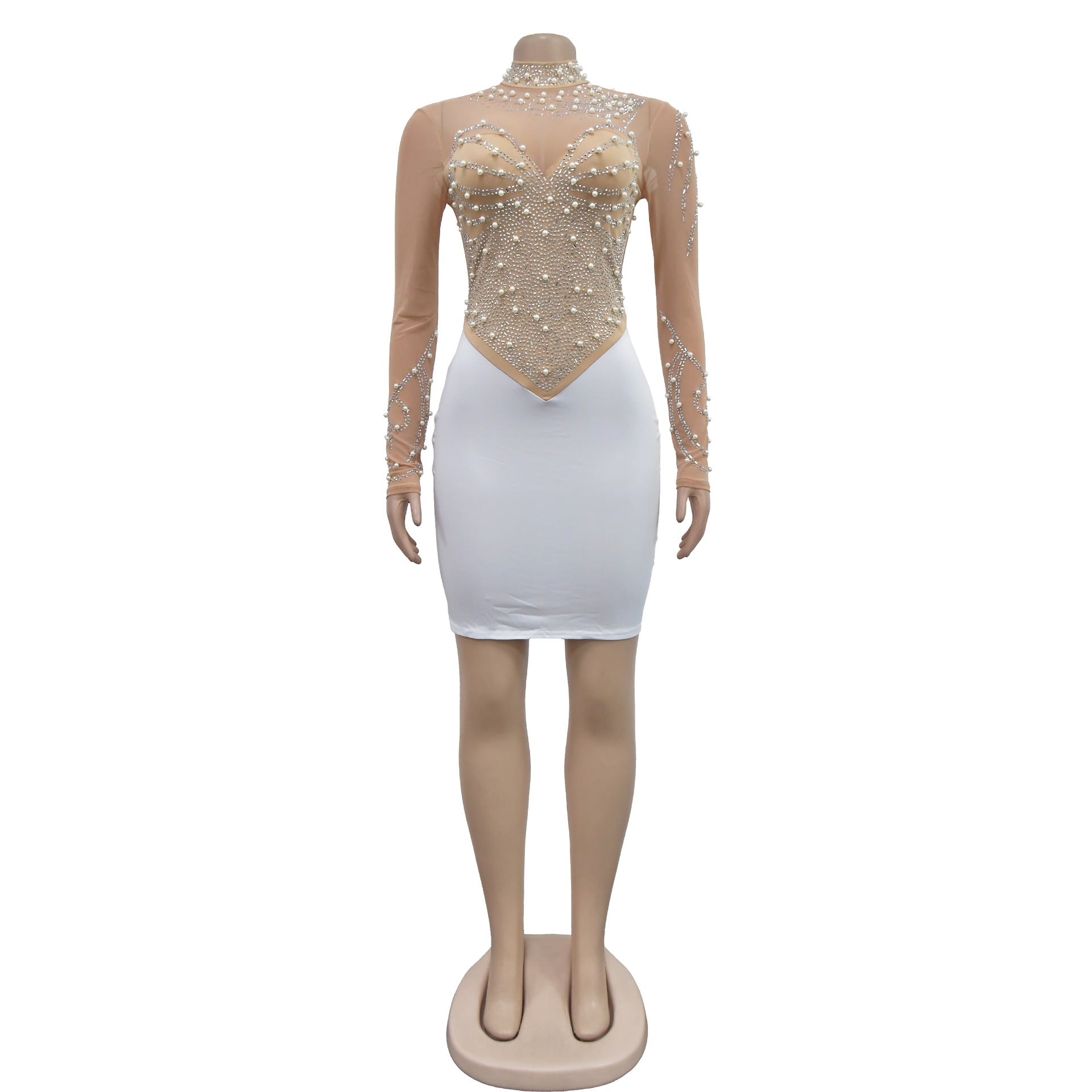 Women solid mesh beaded long-sleeved mini dress 24