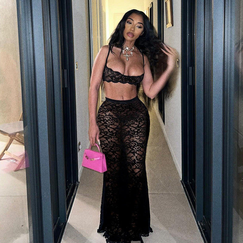 Summer Women sexy hollow strap top and solid lace skirt two-piece suit 3