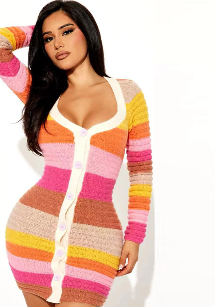 Women's Knitting Button Long Sleeve Bodycon Dress