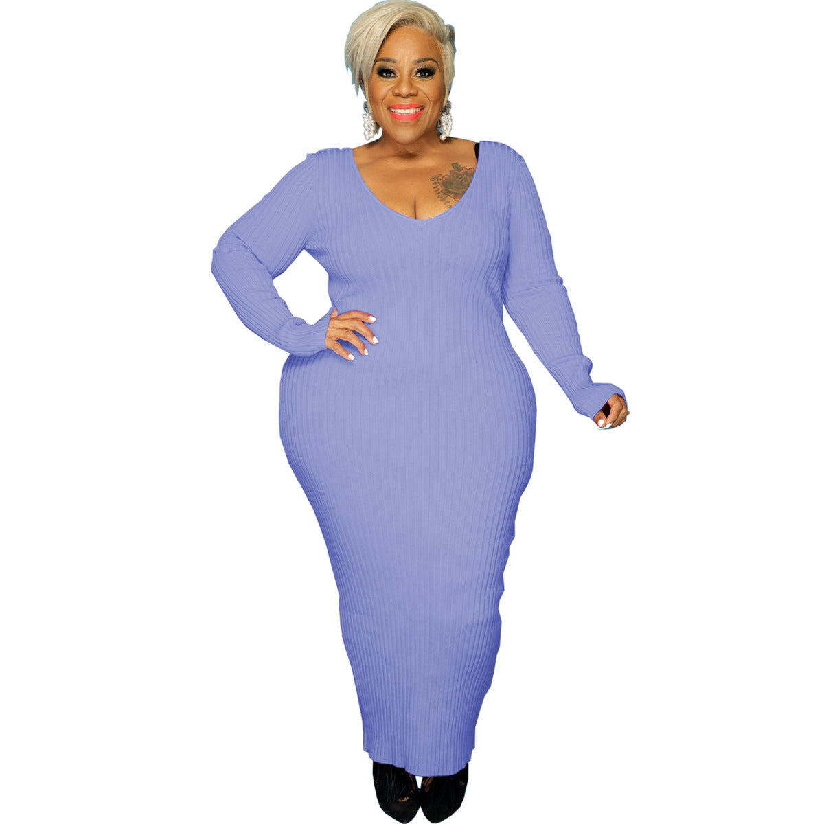 Plus Size Women Sexy Solid V-Neck Dress 11