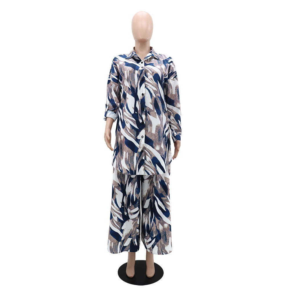 autumn comfortable casual button long-sleeved shirt loose wide leg pants women two-piece set 7