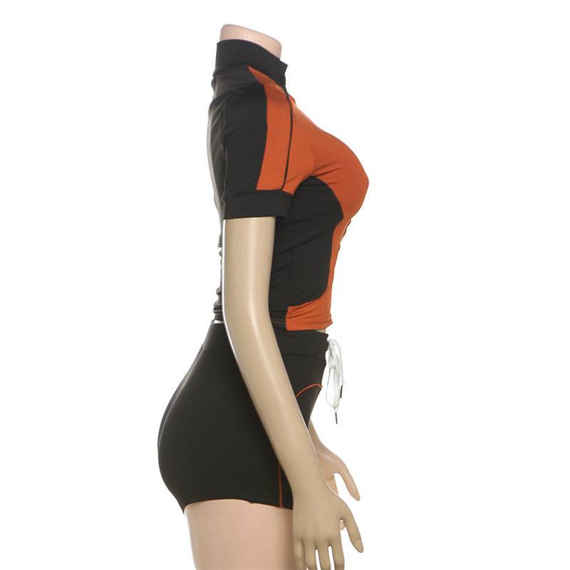 Fashionable Stand Collar Slim Fit Fitness Top & Shorts for Casual Sports Set 15