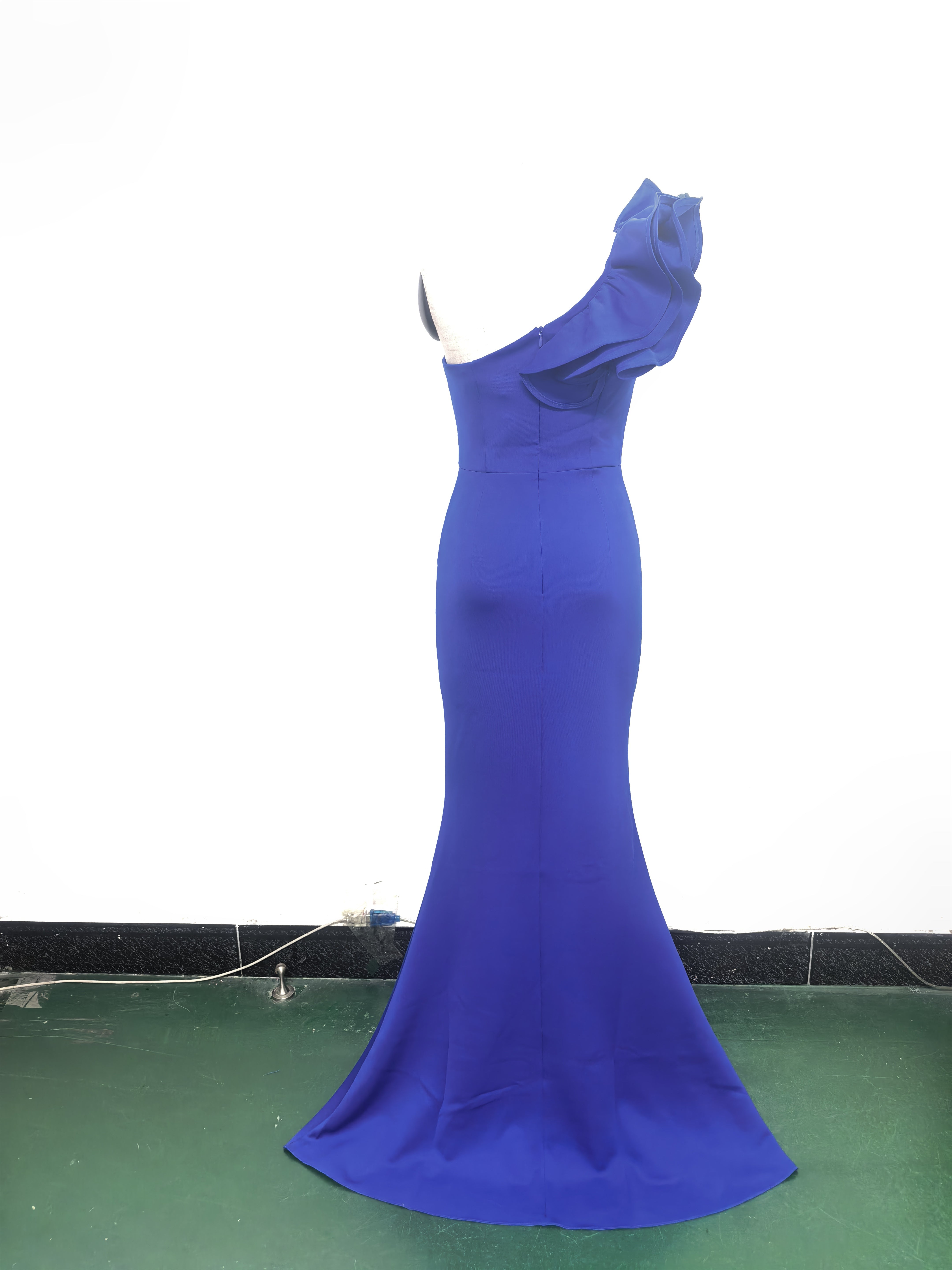 Women One-Shoulder Beaded Wool and Floral Satin Slit Sexy Evening Dress 44