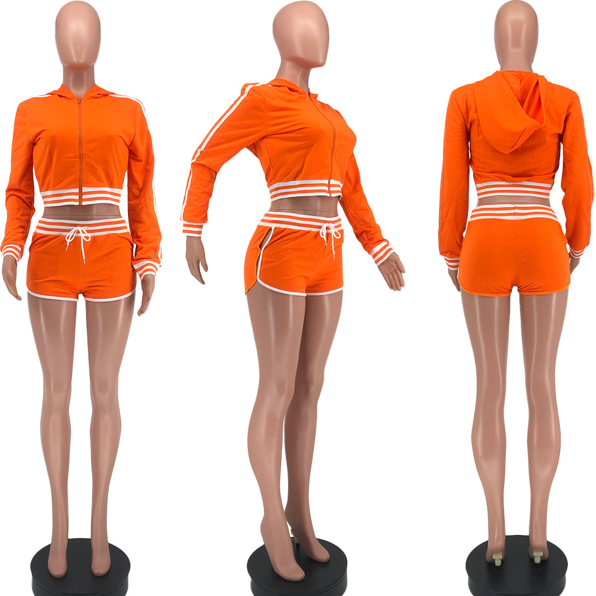 Women's Fashion Striped Patchwork Hooded Long Top Sexy Shorts Sports Two Piece Set 7