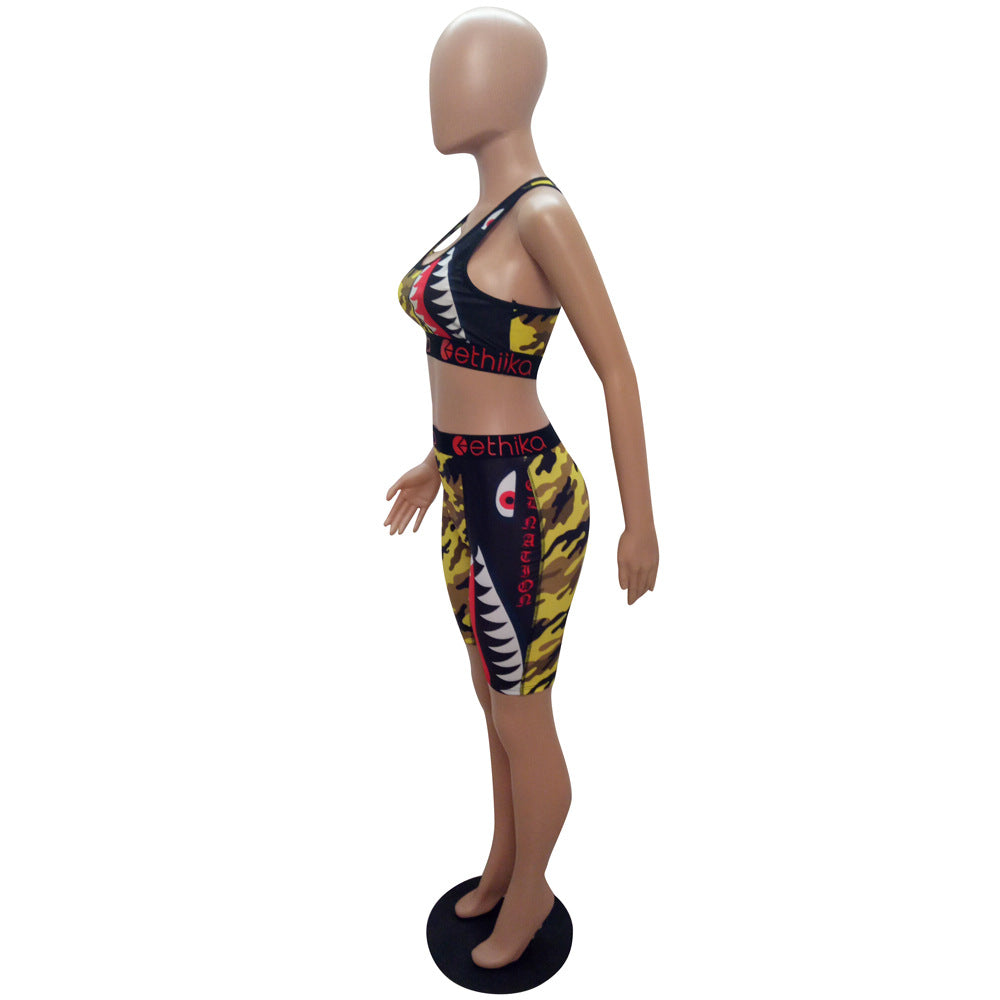 Cartoon Print Casual Camouflage Tank Biker Shorts Two-Piece Set 16
