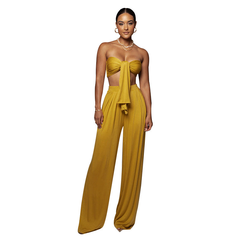 Women's Sexy Solid Color Tie Strapless Top Mid-Waist Wide Leg Pants Fashion Casual Two Piece Set 7