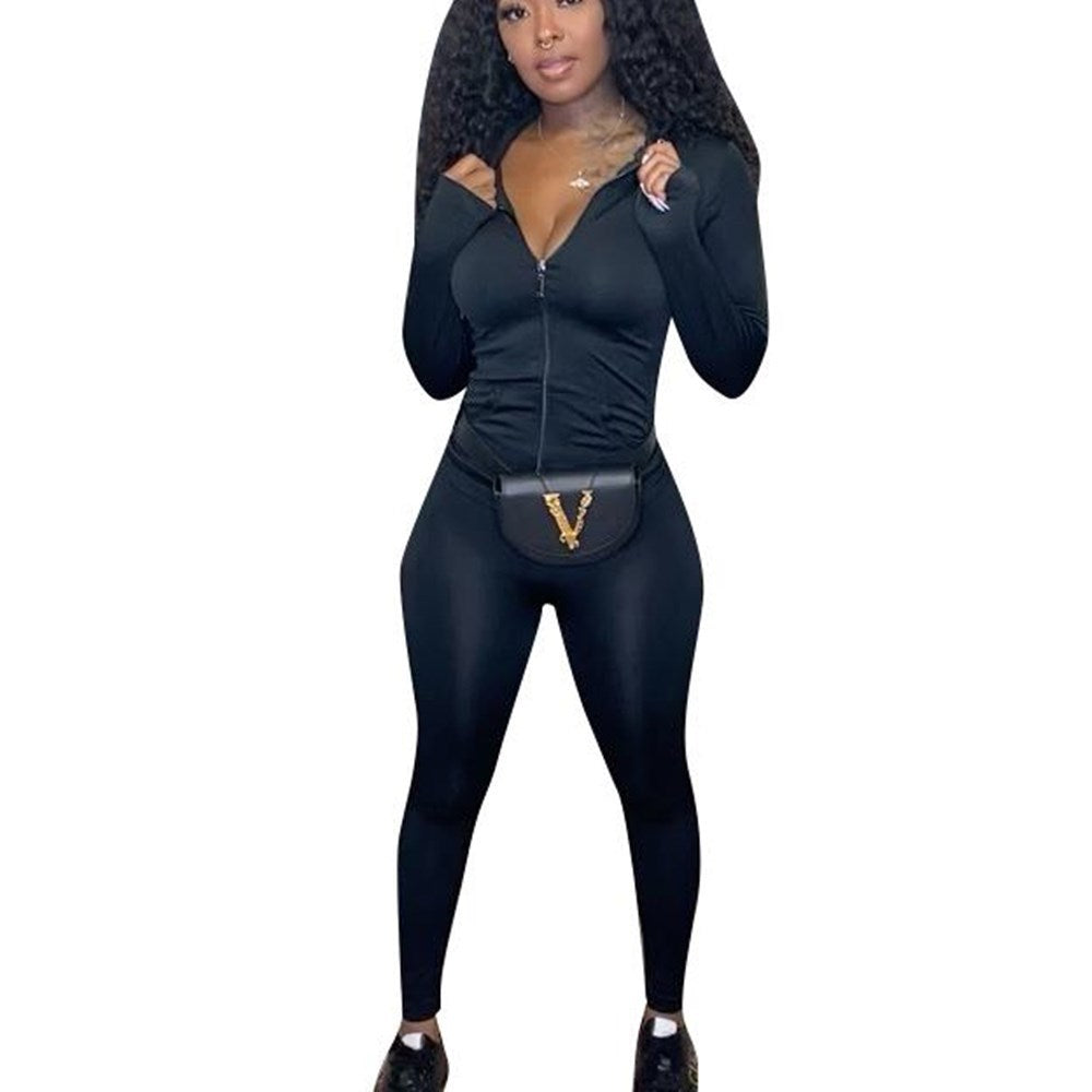 Women Casual Solid Long Sleeve Zip Top and Pant Two-Piece Set 21