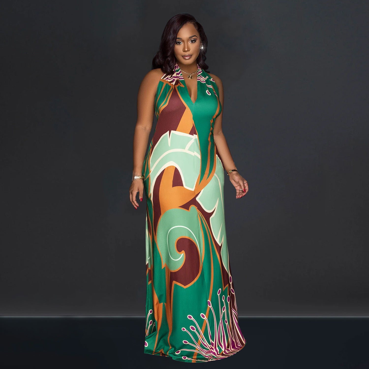 Fashionable Women's Sexy Printed Sleeveless Low Back Maxi Dress