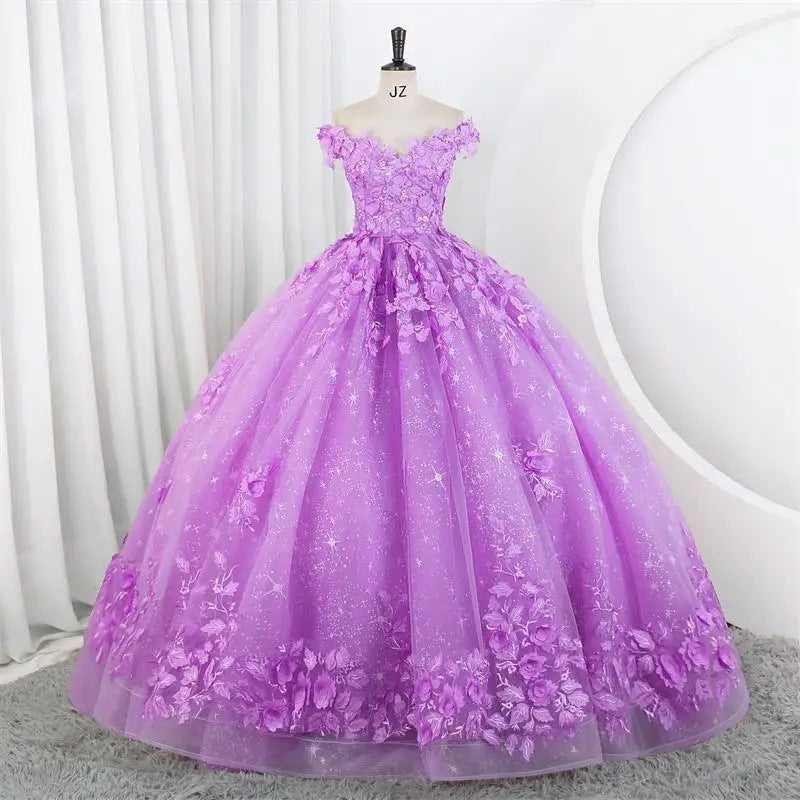 Women Puffy Tulle Embroidered Off-Shoulder Performance Costume Ball Gown 4
