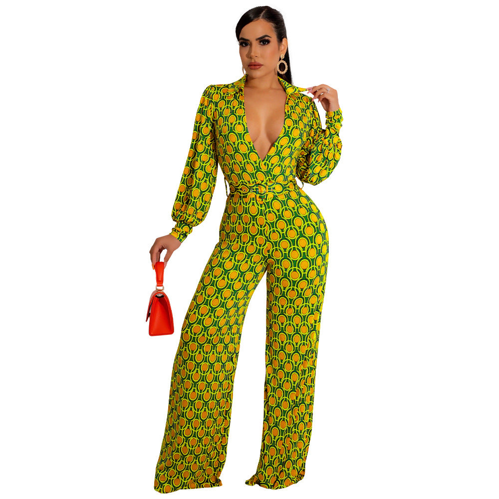 Women'S Winter Casual Fashion Print Deep V Neck Jumpsuit 10