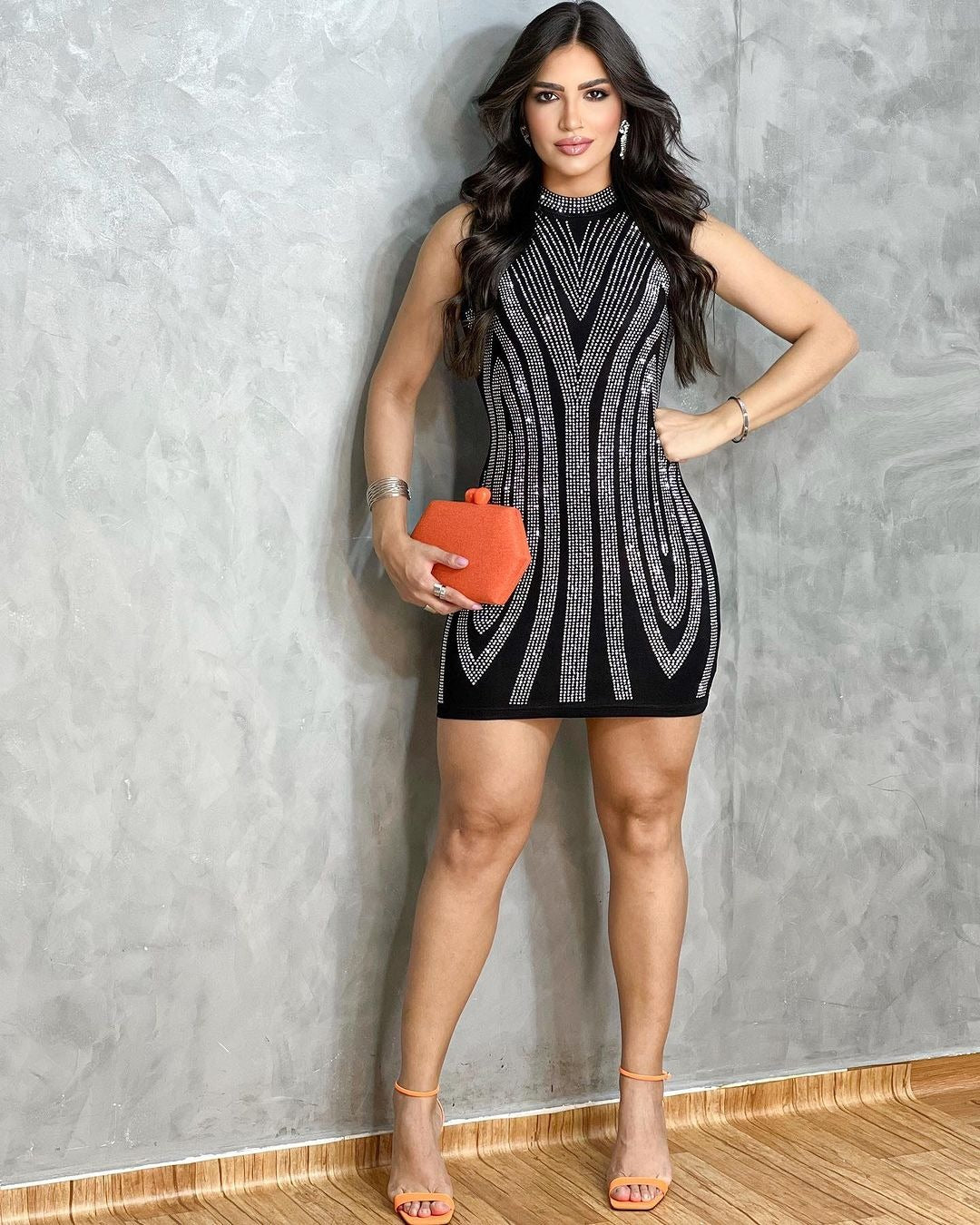 Women Sexy Beaded Sleeveless Bodycon Stretch Dress