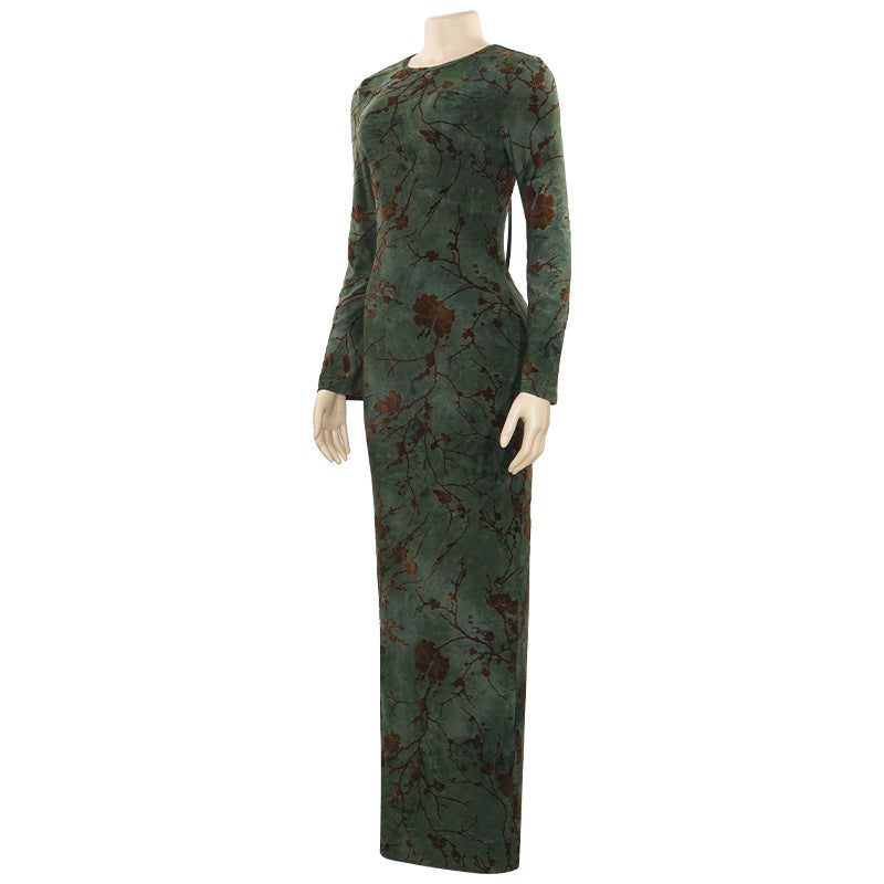 Autumn Round Neck Long-Sleeve Lace-Up Low Back Print Maxi Dress 12