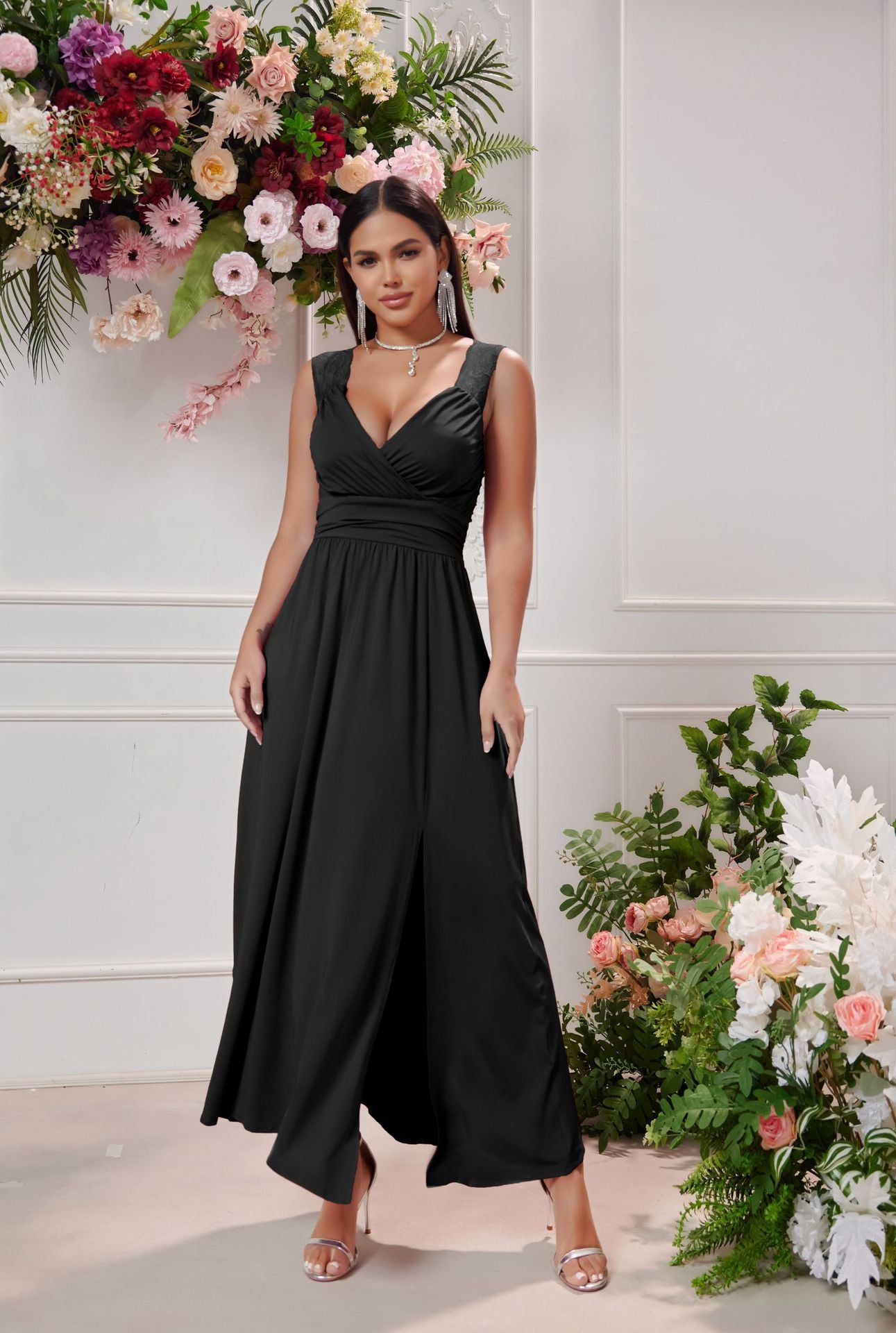 Women Sexy V-neck Sleeveless Lace Slit Dress 4