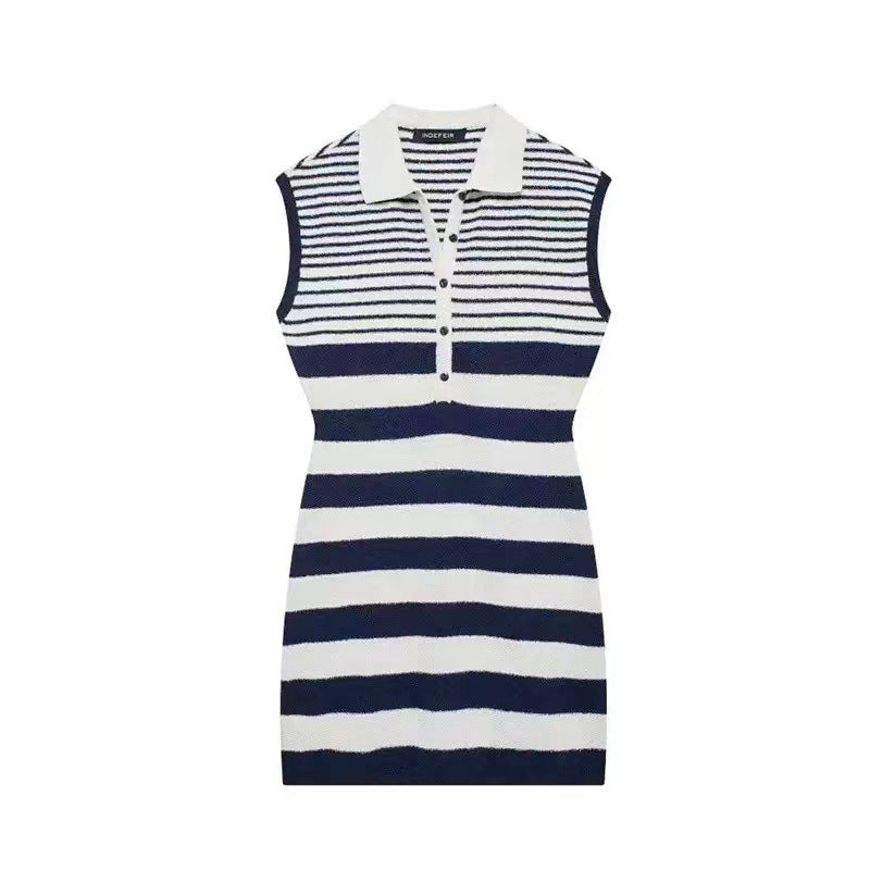 Women's Chic Fashion Striped Turndown Collar Sleeveless Slim Knit Dress 8