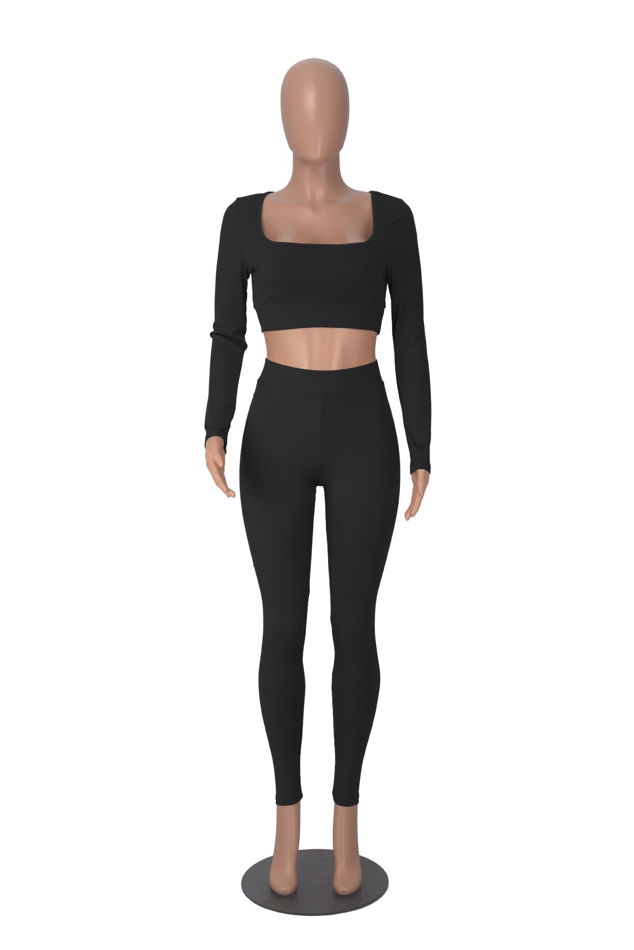 Women Winter Solid Long Sleeve Square Neck Top and Pant Two-piece Set 15