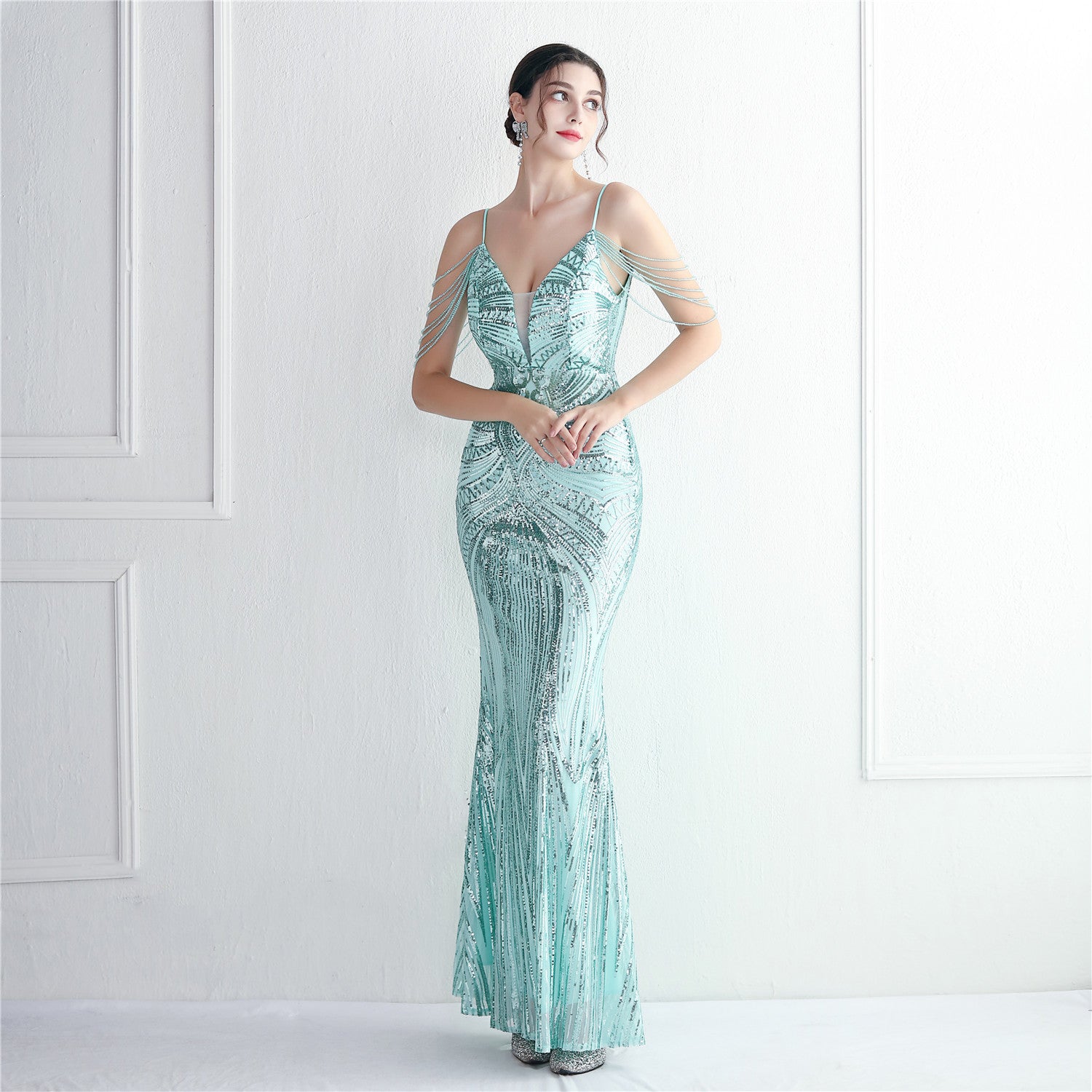 Plus Size Beauty Elegant Sequins straps V-neck Formal Party Evening Dress 13