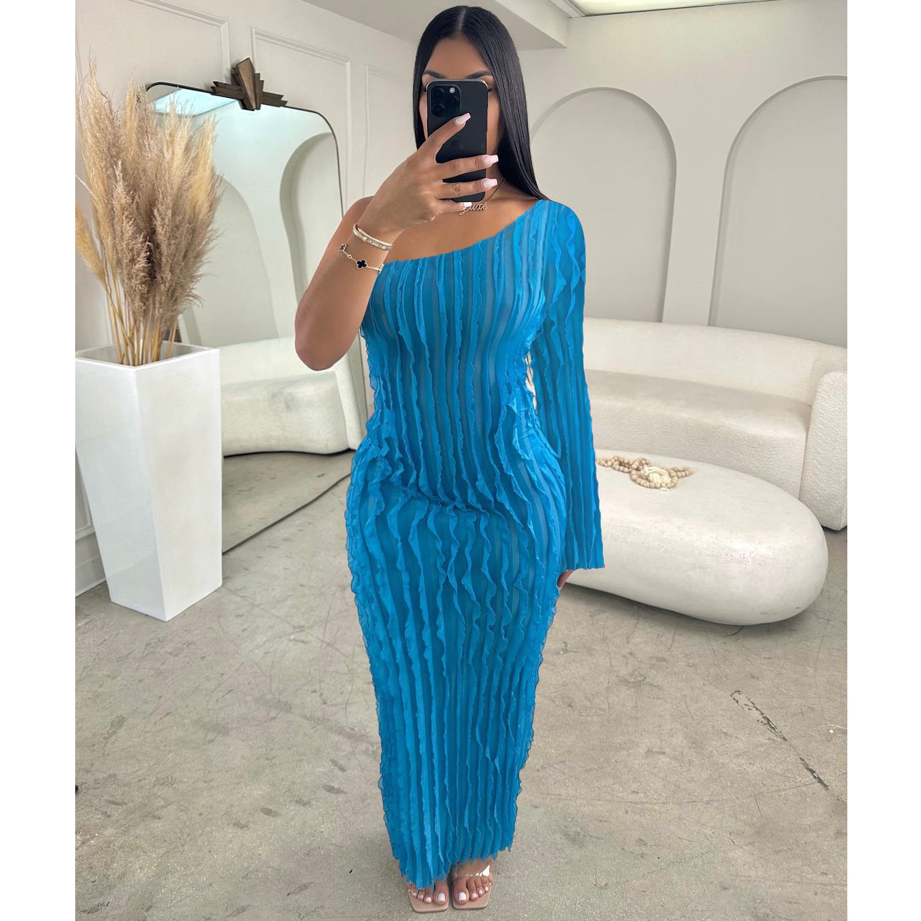 Plus Size Women Fall Slash Shoulder One Sleeve Sexy Dress