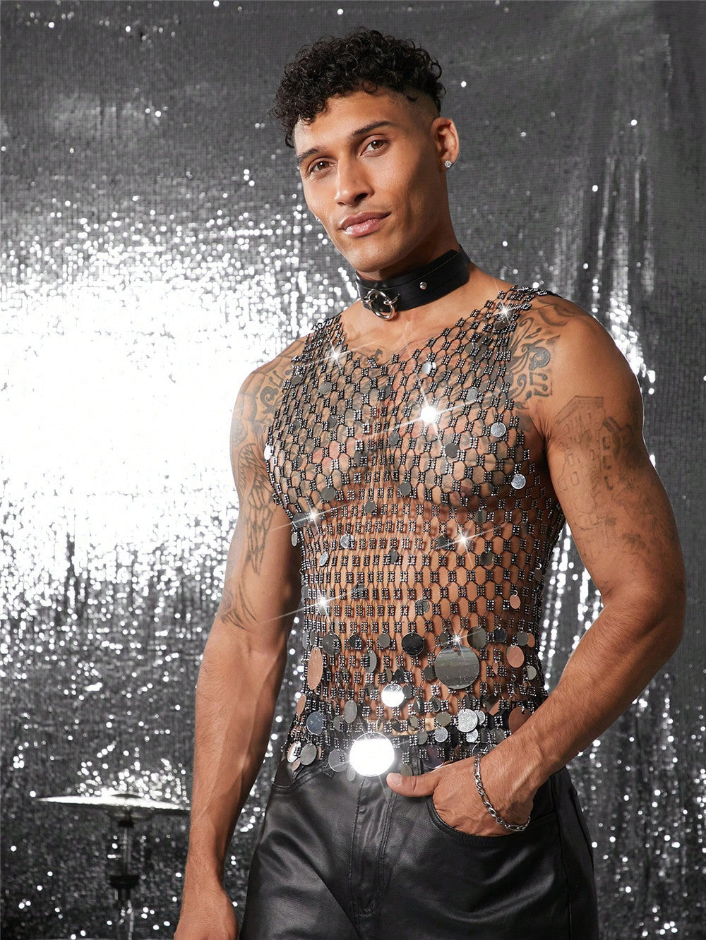 Men Diamond-Encrusted Hollow Sequin Mesh Sexy Nightclub Party Sleeveless Top 4