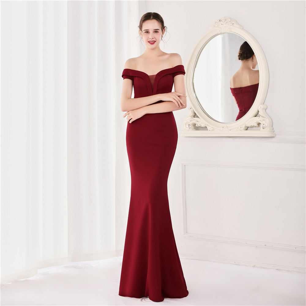 Summer Elegant Plain Off Shoulder Short Sleeve Evening Dress 6