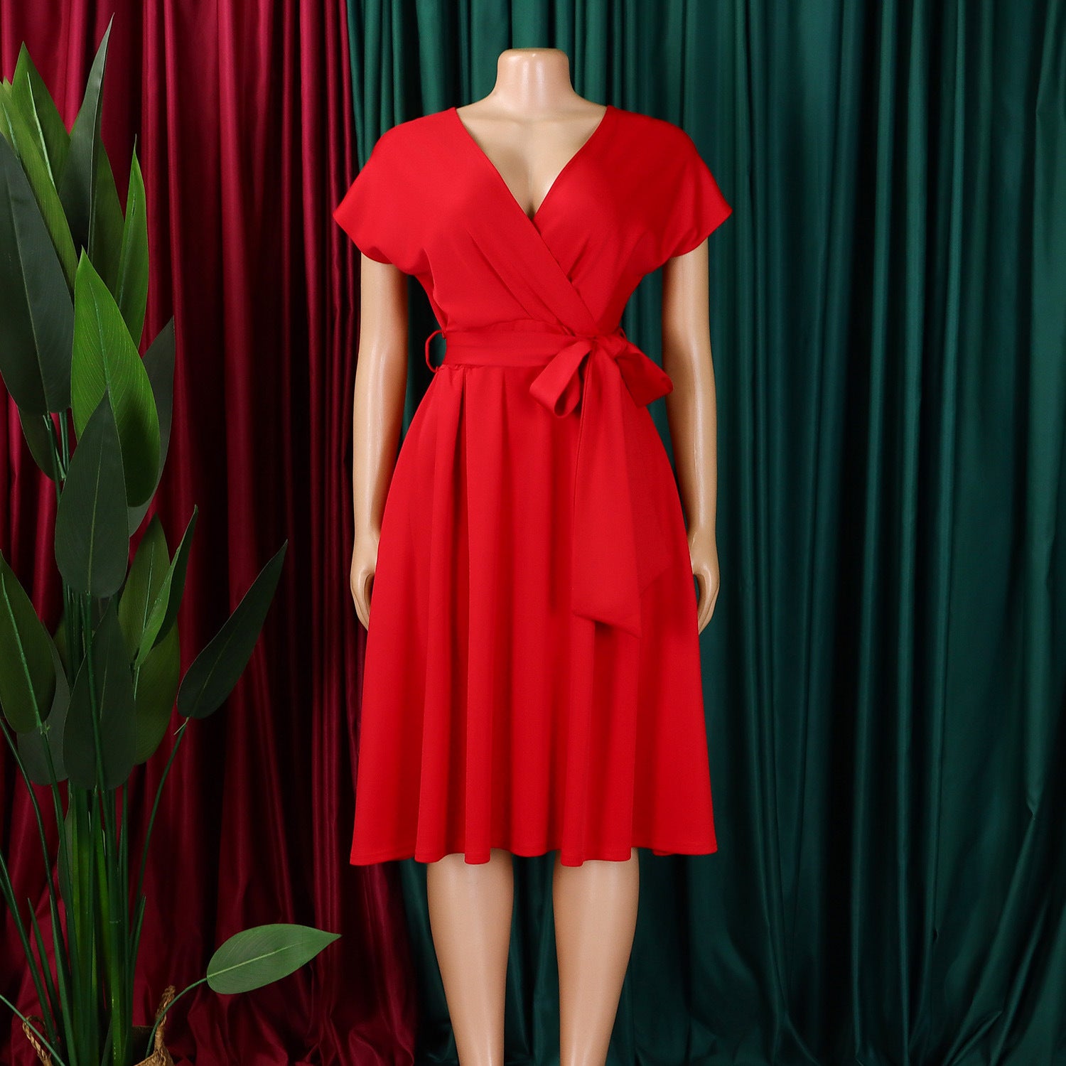 Women's Summer Fashion V-neck Belt Elegant Plus Size African Dress 15