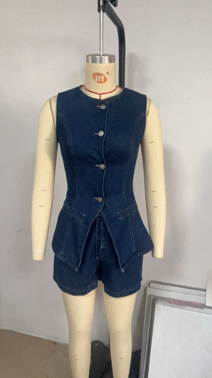 Summer Fashion Casual Sleeveless High Waist Women's Two Piece Denim Shorts Set 9