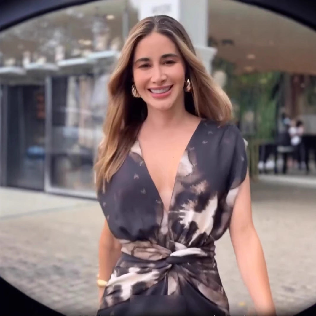 Women Spring Casual Waist Cross Print Tie-dye Dress