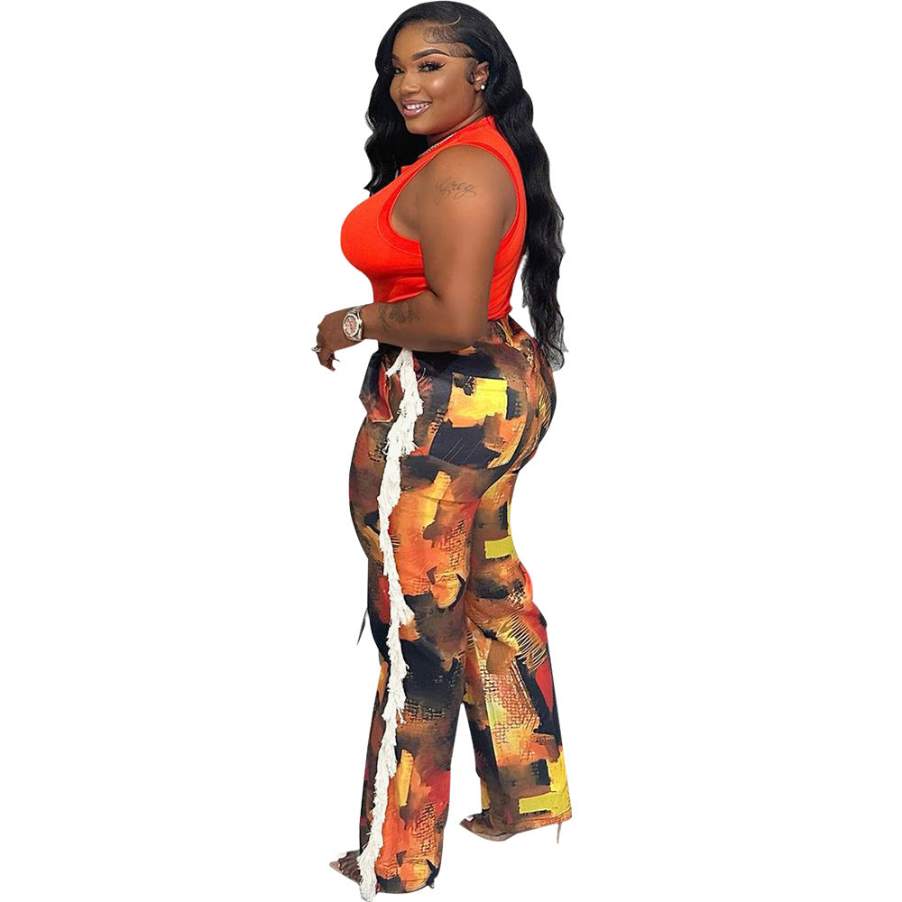 Printed Pocket Loose Casual Pants 4