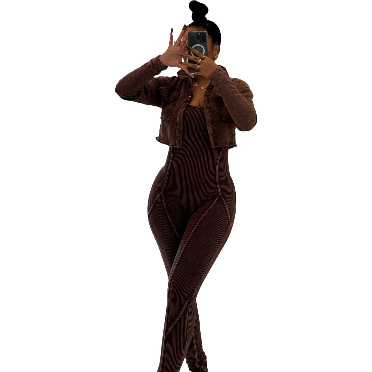 Fashion Women's Solid Color Tight Slim Jumpsuit Coat Casual Two-Piece Set 14