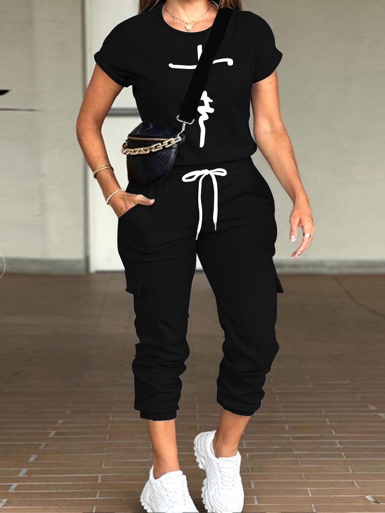Women's Printed T-Shirt Pocket Pants Sportswear Casual two piece Set