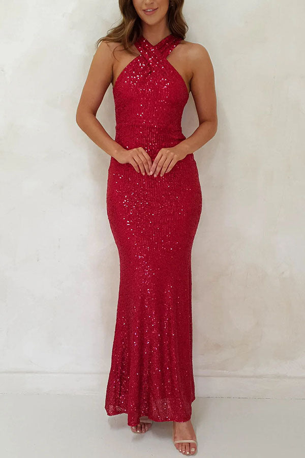 Women Sexy Backless Sleeveless Sequin Maxi Evening Dress 8
