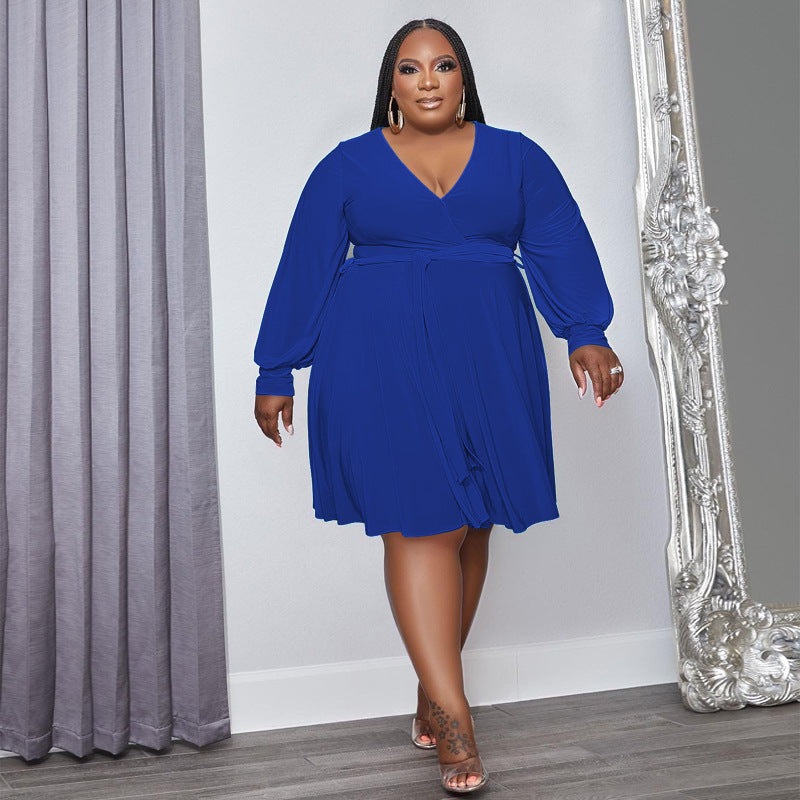 Women's Solid Color Cross V-Neck Belt Loose Knitting Plus Size Dress 11