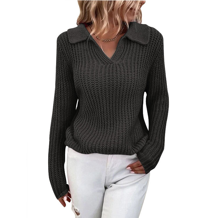 Women Turndown Collar Round Neck Sweater 4