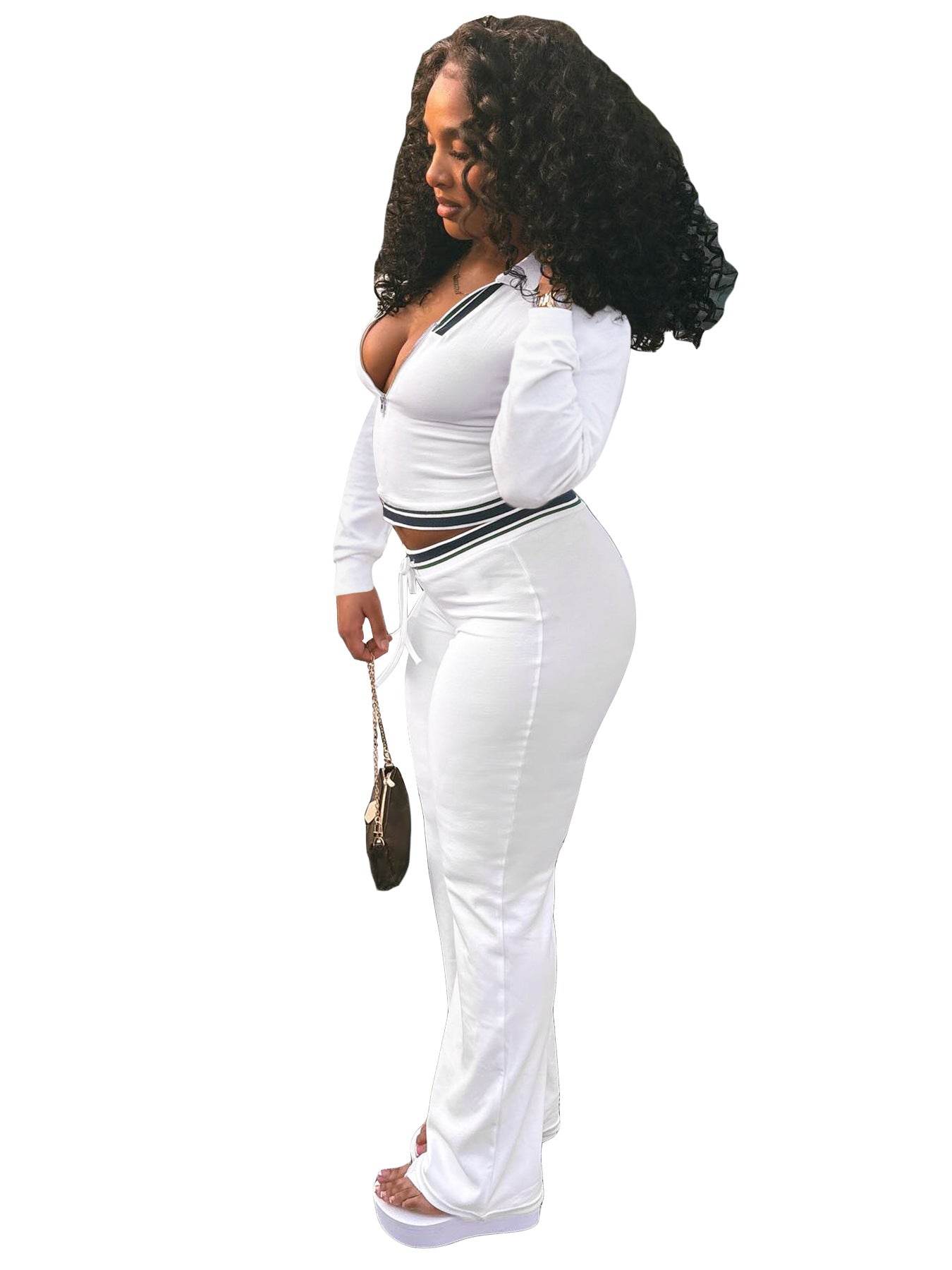 Women Turndown Collar Half-Zip Top and Drawstring Wide-Leg Pants Casual Athletic Two-Piece Set 32